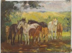 * Alice des Clayes [1890-1968]- Ponies in a winter landscape:- signed oil on unstretched canvas 35