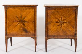 A near pair of late 18th century Italian walnut crossbanded and inlaid petit commodes: bordered