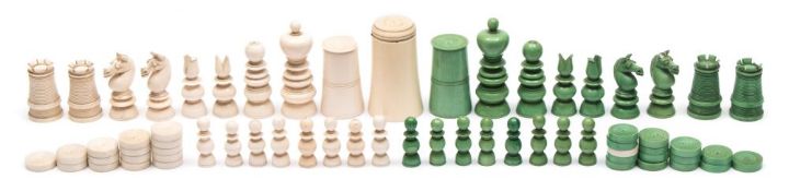 An Anglo-Indian ivory St George pattern style chess set: one side stained green the other left