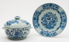 A Chinese blue and white tureen and cover and a similar dish: the tureen and cover with