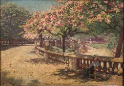 Martin Gwilt Jolley [1859-] A woman resting in a shady corner of a park on the continent:- signed