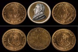 Two South Africa one Rand gold coins: both 1967, together with an enamelled Z.A.R.