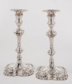 A pair of George III cast silver candlesticks, maker William Cripps, London,