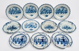 A set of five blue and white pearlware plates and two sets of three similar plates: with shell
