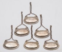 A set of six Elizabeth II silver decanter labels, maker SMD, London,
