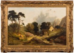 George Cole [1810-1883]- An upland Welsh valley, travellers and ponies on a path,