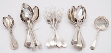 A matched silver Old English pattern part flatware service, various makers and dates: crested,