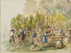 Manner of Thomas Uwins [19th Century]- The Hop Pickers:- watercolour over pencil 21 x 28cm