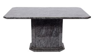 A polished granite pedestal centre table: of rectangular shape with canted angles on a stepped