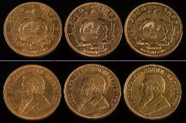 Three South Africa gold one pond coins: 1893, 1898 and 1898.