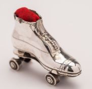 An Edward VII novelty pin cushion in the form of a roller skate, maker Crisford & Norris Ltd,