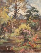 * Berthe des Clayes [1877-1968]- A corner of the garden:- signed oil on panel, 35 x 27cm,