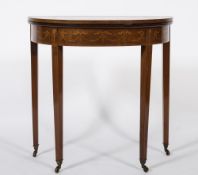 An Edwardian mahogany and inlaid half round card table:, crossbanded in satinwood,