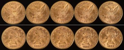 Five American gold ten dollar (Eagle) coins: Liberty Head, all dated 1894.