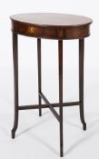 A Georgian mahogany oval work table:, with a hinged top and box interior,