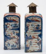 A pair of Chinese Imari square-section flasks: painted in underglaze blue,