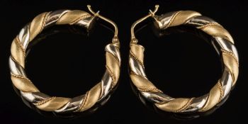 A pair of 18ct gold bi-coloured 'candy twist' design hoop earrings:, 37mm diameter, 15.
