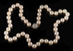A cultured pearl single-string necklace: composed of forty-eight cultured pearls ranging 8.9mm to 9.