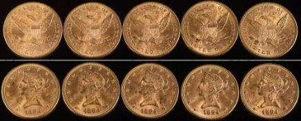 Five American gold ten dollar (Eagle) coins: Liberty Head, all dated 1894.