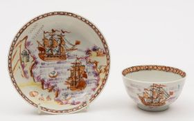 A rare Chinese 'East Indiamen' teabowl and saucer: painted with two merchantmen and rowing boats