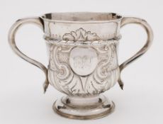 A George II two-handled cup, maker H M ? possibly High Mills, London 1749: initialled,