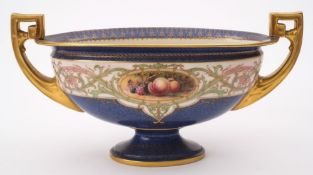 A Royal Worcester porcelain boat shaped vase: of twin handled form painted with a small panel of