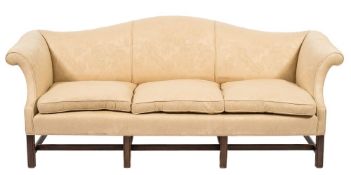 A mahogany frame settee in the George III manner:, with serpentine upholstered stuff over back,