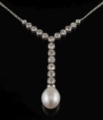 An 18ct white gold, diamond and freshwater cultured pearl lavalier: with graduated,