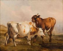 Circle of Thomas Sidney Cooper [1803-1902]- Cow and bull in a landscape:- bears indistinct