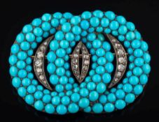 A mid/late 19th century turquoise and diamond mounted double circle brooch: with two circles