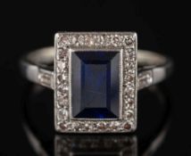 An Art Deco sapphire and diamond rectangular ring: the rectangular sapphire 8.
