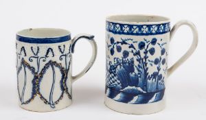 A blue and white pearlware tankard and a similar cabbage leaf moulded tankard: the first painted