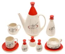 A Carlton Ware Orbit pattern part coffee and dinner service: comprising a coffee pot and cover,