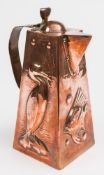 A Newlyn copper hot water jug: of square tapering form, with shallow domed hinged lid,