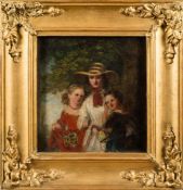 Attributed to Jane Maria Bowkett [1837-1891]- A mother and children in a landscape:- oil on
