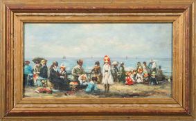 French School [19th Century]- Elegantly dressed ladies on a beach,