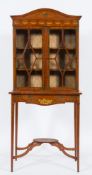 A late 19th Century satinwood and decorated display cabinet:, on serpentine fronted stand,