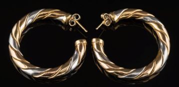 A pair of 18ct gold three colour, 'candy twist' design hoop earrings:, 36mm diameter, 21.