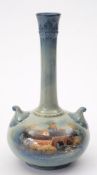 A George Jones Cyprian Ware vase: of squat form with slender raised neck and scroll handles