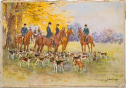* Alice Des Clayes [1890-1968]- Hunt and hounds:- signed watercolour 17 x 25cm,