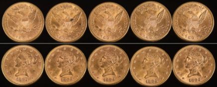 Five American gold ten dollar (Eagle) coins: Liberty Head, all dated 1894.