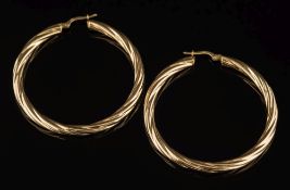 A pair of 18ct gold twist design hoop earrings:, 46mm diameter, 6.5gms gross weight.