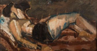 'FM', 20th Century- A reclining model:- signed with a monogram FM oil on board, 37 x 70cm,