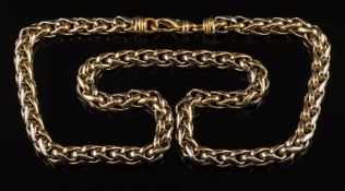 An 18ct gold bi-colour, spiga pattern chain:, 45cm total length, 33gms gross weight.