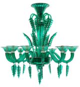 A Barovier & Toso (Murano) green glass chandelier and twenty matching side lights: the former with