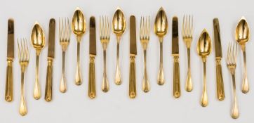 A set of six Continental silver gilt dessert forks and spoons: with Old English style thread