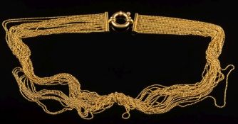 An 18ct gold multi-strand necklace: with fine, faceted beads on bolt ring clasp, 41.