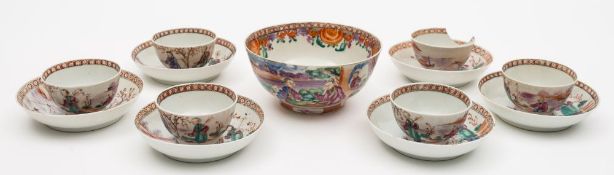 A set of six Chinese famille rose teabowls and saucers and a similar bowl: the teabowls and saucers