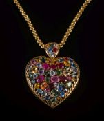 A 9ct gold and multi-coloured gemstone heart shaped pendant: 47mm wide,