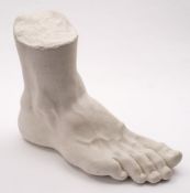 A large French plaster sculpture of a foot: stamped to the calf , ???liers Soulage & Fils,